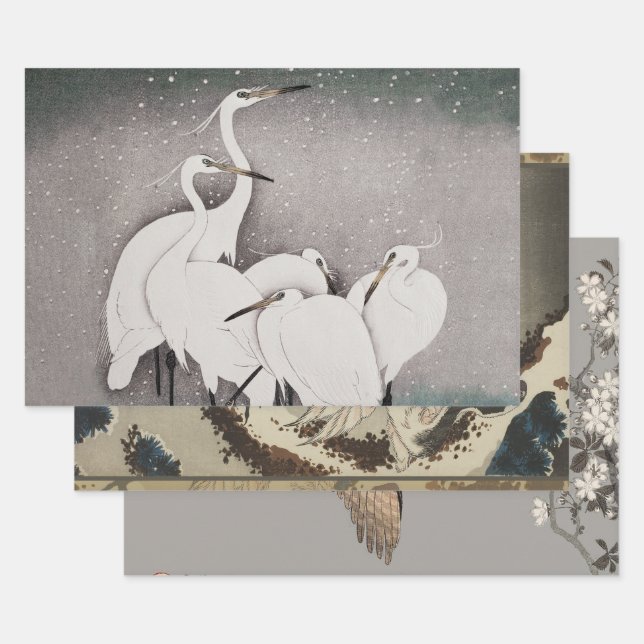 Feuille De Papier Cadeau Aigrettes japonaises Grues Koson Neige d'hiver (Lot)