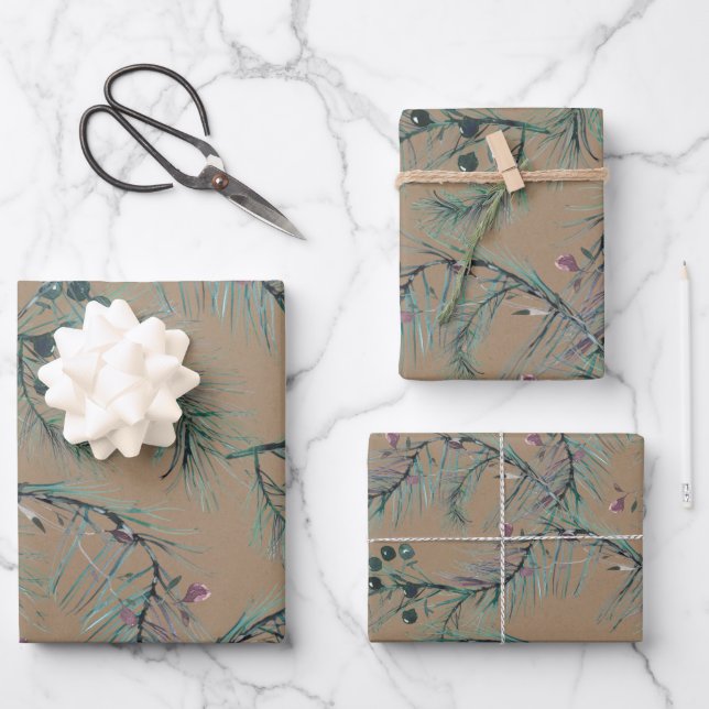 Feuille De Papier Cadeau Aiguilles et baies d'épinette bleu rustique Kraft (Recto)