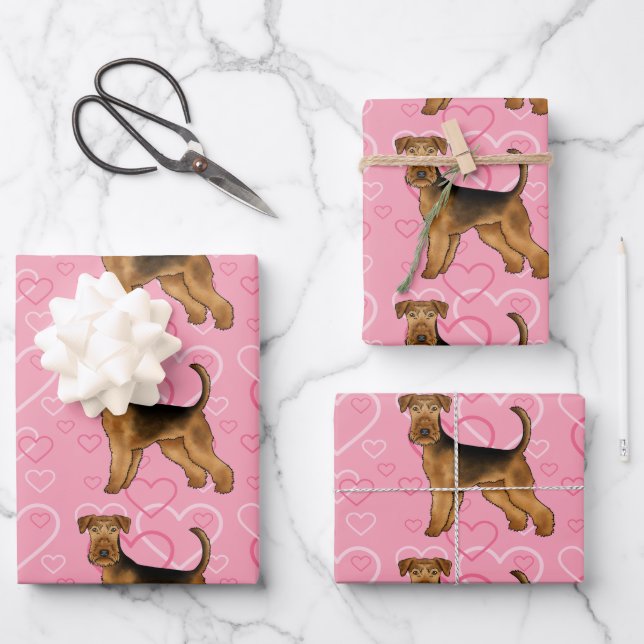 Feuille De Papier Cadeau Airedale Terrier mignon Chien Amour Et Coeurs Sur  (Recto)
