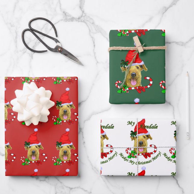 Feuille De Papier Cadeau Airedale Terrier Santa Hat Noël (Recto)