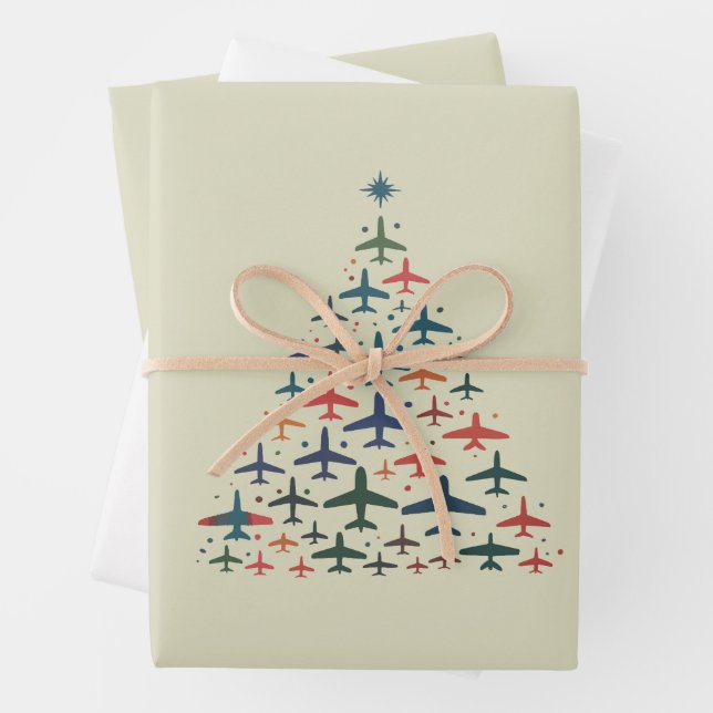 Feuille De Papier Cadeau Airplane Christmas Tree Retro Pilot Flying Flight  (En situation)