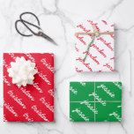 Feuille De Papier Cadeau Ajouter votre nom Red White et Green Christmas<br><div class="desc">Cette enveloppe cadeau a trois options de couleur différentes : arrière - plan rouge avec un nom extensible en blanc, arrière - plan blanc avec un nom extensible en rouge, et arrière - plan vert avec un nom extensible en blanc. Vous pouvez personnaliser avec trois noms différents afin que chaque...</div>