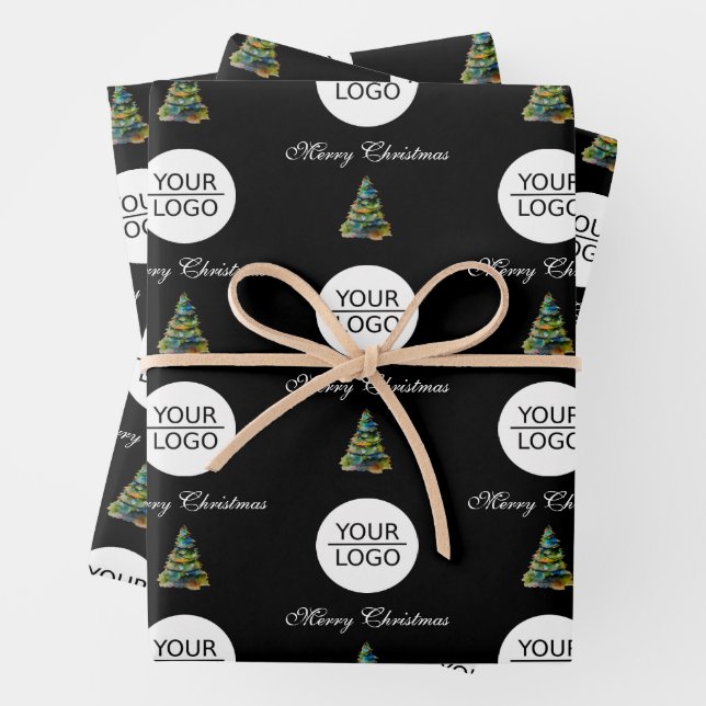 Feuille De Papier Cadeau Ajoutez votre logo Texte Promotion Arbre de Noël N (En situation)