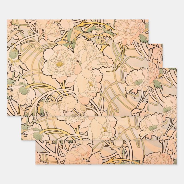 Feuille De Papier Cadeau Alfonse Mucha Art Nouveau Peonies (Lot)