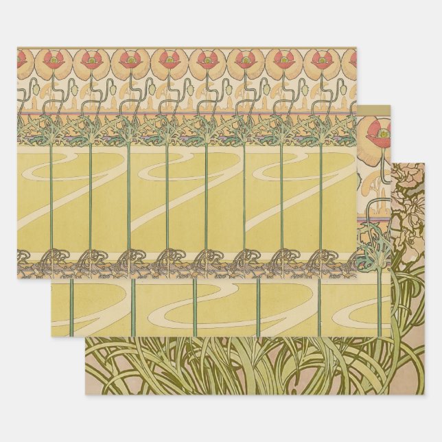 Feuille De Papier Cadeau Alfonse Mucha Poppies Art Nouveau Floral Wallpaper (Lot)