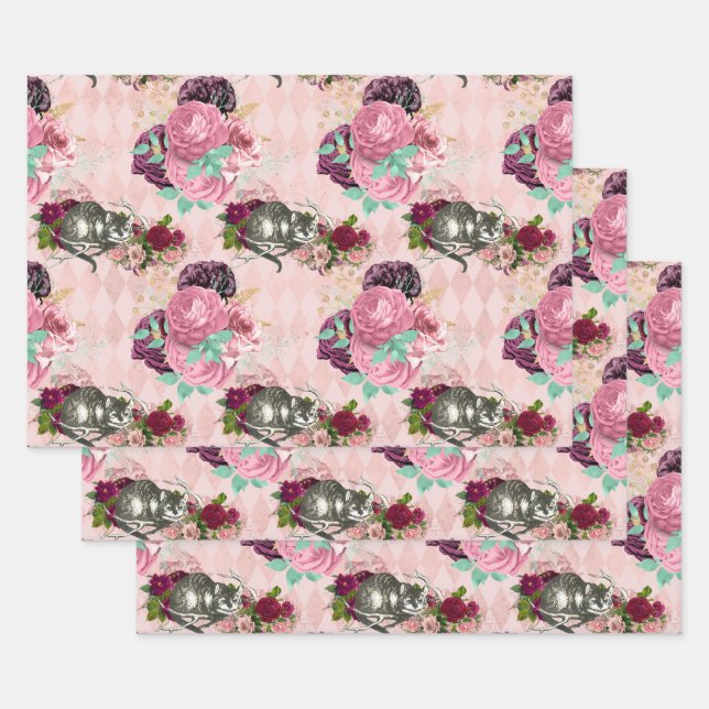 Feuille De Papier Cadeau Alice au pays des merveilles Cheshire Chat rose (Lot)