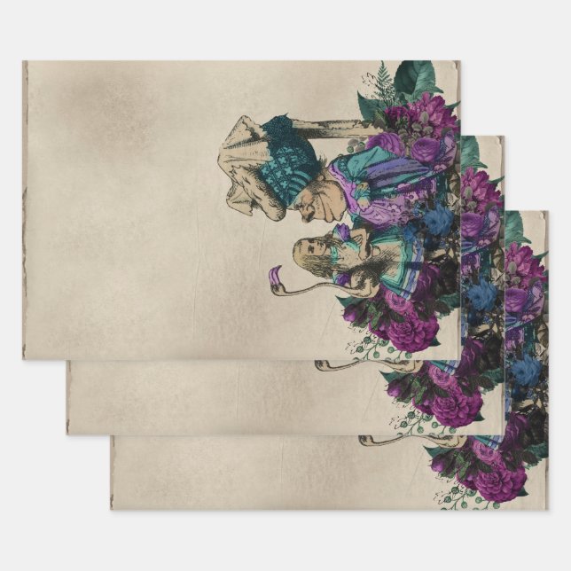 Feuille De Papier Cadeau Alice florale violette au pays des merveilles avec (Lot)