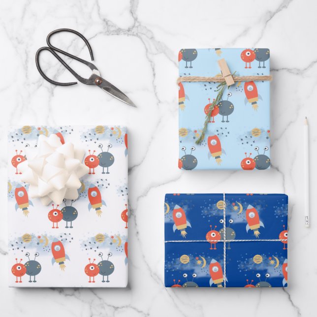 Feuille De Papier Cadeau Aliens Spaceshies Garçon Anniversaire Blanc Bleu (Recto)