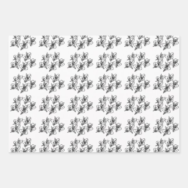 Feuille De Papier Cadeau Alstroemeria fleurs noir et blanc motif (Devant)