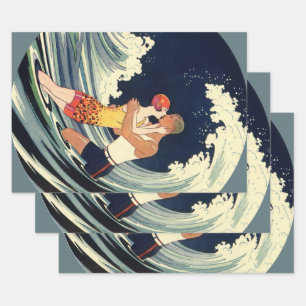 Feuille De Papier Cadeau Amants Art Déco vintage s'embrassent dans les vagu