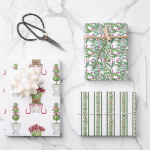 Feuille De Papier Cadeau Amaryllis Bourgogne et Noël Topiaire