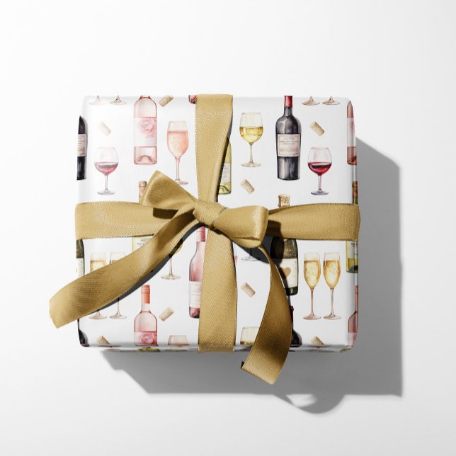 Feuille De Papier Cadeau Amateur de vin  (Wine Lovers wrapping paper, watercolor bottles of wine and champagne, gift box present)