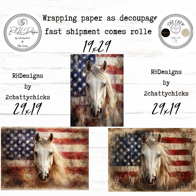 Feuille De Papier Cadeau American's 250th Celebration Horses Flags Decoupag (Créateur téléchargé)