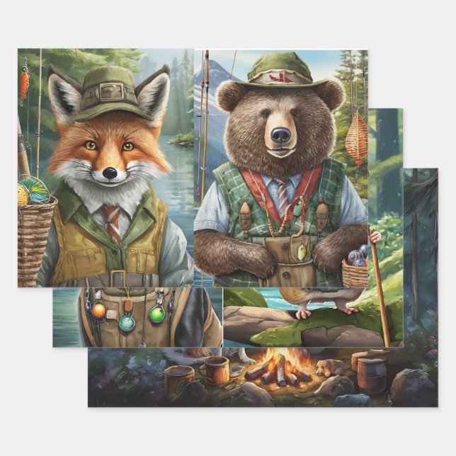Feuille De Papier Cadeau Amis animaux aventuriers, Outdoorsmen (Lot)