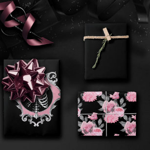 Feuille De Papier Cadeau Amour gothique   Squelette rose et noir Coeur flor