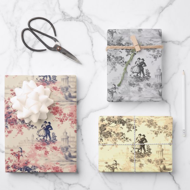 Feuille De Papier Cadeau Amour moderne Valentine Rouge Toile de Jouy Motif (Recto)