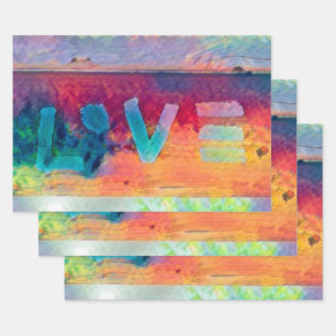 Feuille De Papier Cadeau Amour Rétro Hippie Bleu Rouge Orange Bohème Pays