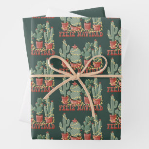 Feuille De Papier Cadeau Amoureux de cactus Feliz Navidad Cow-boy de Noël p