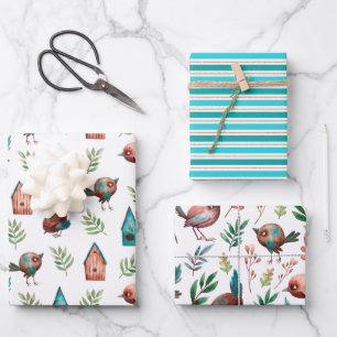 Feuille De Papier Cadeau Amusant Cute Rustique Petits Oiseaux Maisons Strip