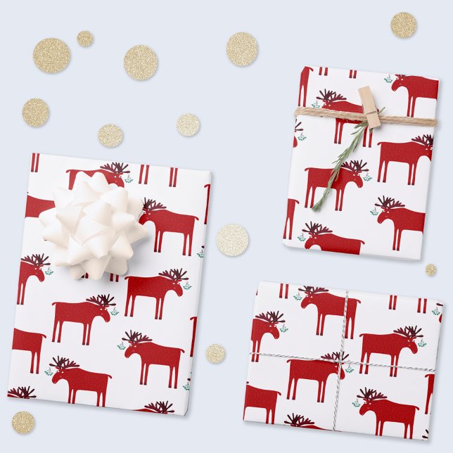 Feuille De Papier Cadeau Amusant Moose Holiday Rouge et Blanc (Funny moose or elk pattern red and white gift wrapping paper sheets)