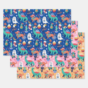 Feuille De Papier Cadeau Amusant Noël Dinosaur Chien Parrot Avocado Cactus