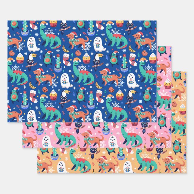 Feuille De Papier Cadeau Amusant Noël Dinosaur Chien Parrot Avocado Cactus (Lot)