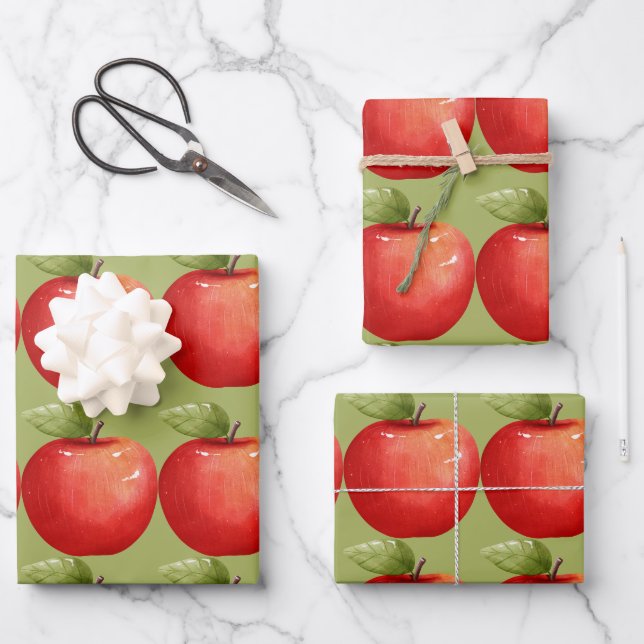 Feuille De Papier Cadeau Amusants avec pomme rouge aux fruits (Recto)