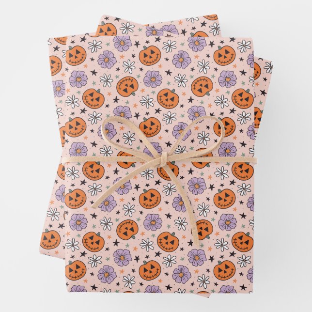 Feuille De Papier Cadeau Amusants Citrouilles d'Halloween et Fleurs Motif (En situation)