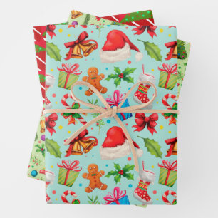 Feuille De Papier Cadeau Amusants Noël Motifs cloches Casquette Coupe Cakes