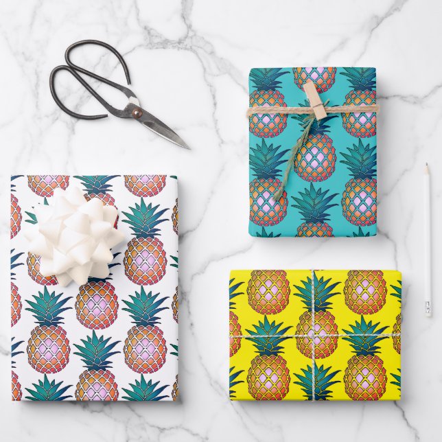 Feuille De Papier Cadeau Ananas colorés (Recto)
