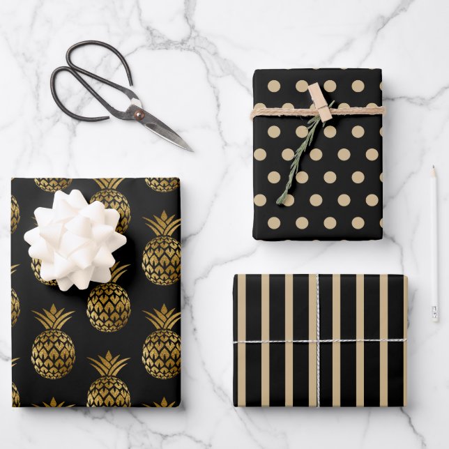 Feuille De Papier Cadeau Ananas dorés pois polka rayures uni  (Recto)