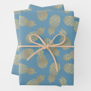 Feuille De Papier Cadeau Ananas en or sur bleu