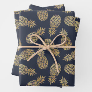 Feuille De Papier Cadeau Ananas en or sur bleu marine