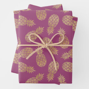 Feuille De Papier Cadeau Ananas en or sur framboise