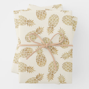 Feuille De Papier Cadeau Ananas en or sur ivoire