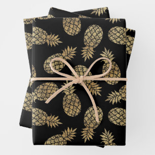 Feuille De Papier Cadeau Ananas en or sur noir