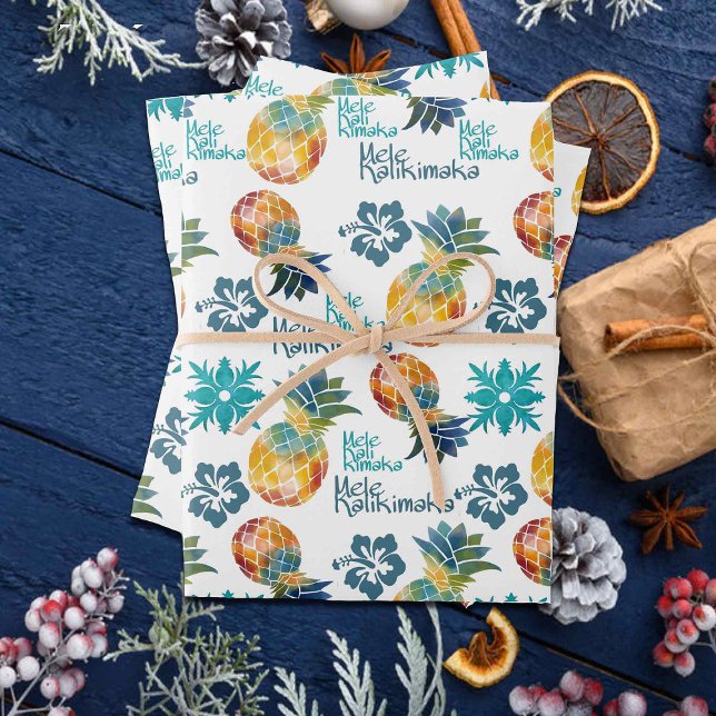 Feuille De Papier Cadeau Ananas hawaïen et Hibiscus Mele Kalikimaka (Créateur téléchargé)