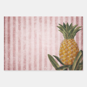 Feuille De Papier Cadeau Ananas Vintage et bandes roses
