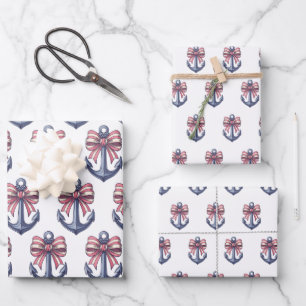 Feuille De Papier Cadeau Ancre Bleue Nautique Avec Ruban Rayé Rouge et Blan