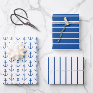 Feuille De Papier Cadeau Ancre nautique bleu et blanc simple Personnalisée