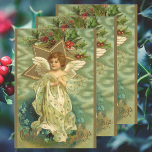 Feuille De Papier Cadeau Ange de Noël victorien avec une étoile dorée vinta