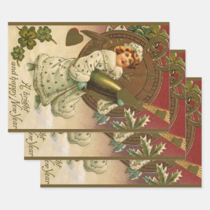 Feuille De Papier Cadeau Ange du Nouvel An Champagne Victorien Vintage