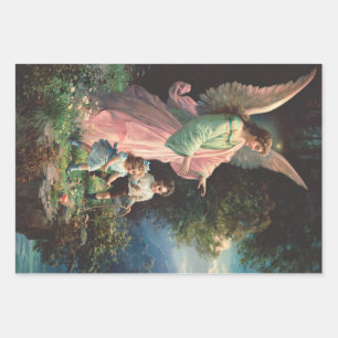 Feuille De Papier Cadeau Ange gardien protégeant des enfants près d'une cor