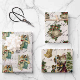 Feuille De Papier Cadeau Anges de Noël antiques Cloches Santa Enfants