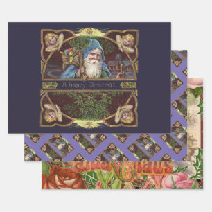 Feuille De Papier Cadeau Anges de Noël victoriens Bleu Noël Art Vintage