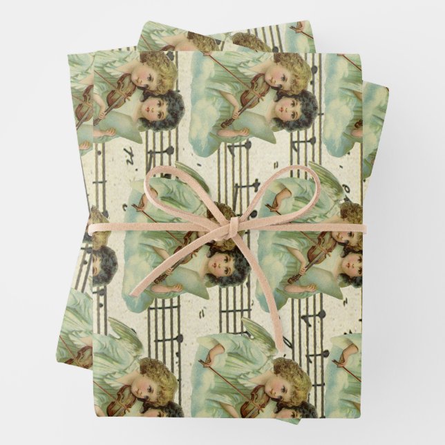 Feuille De Papier Cadeau Anges victoriens violon et partition (En situation)