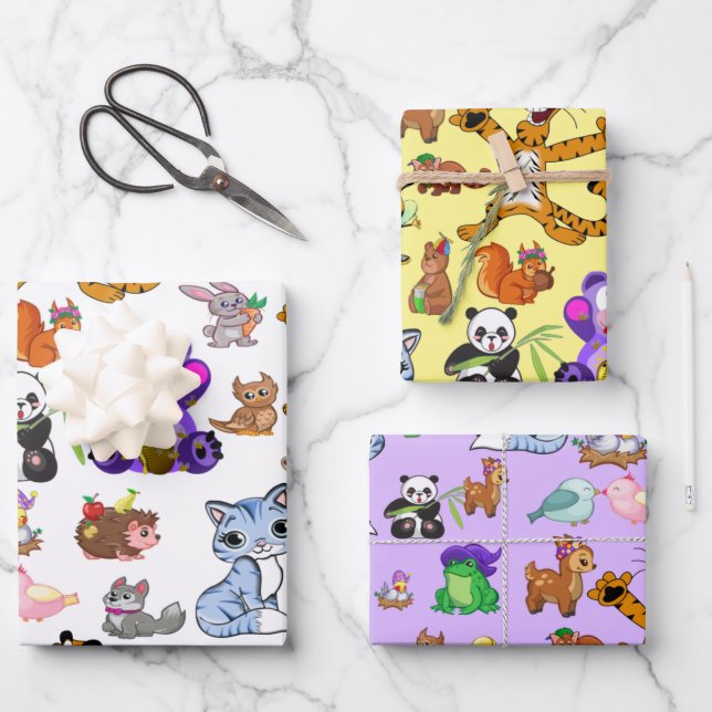 Feuille De Papier Cadeau Animaux de dessin coloré (Recto)