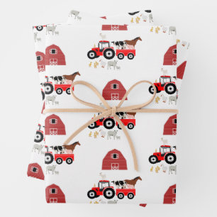 Feuille De Papier Cadeau Animaux de ferme et tracteur rouge Motif Barnyard