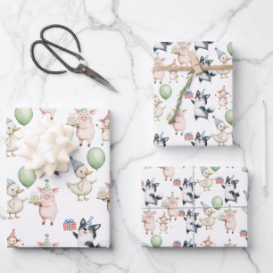 Feuille De Papier Cadeau Animaux de Ferme Roses Mignons 1er Anniversaire