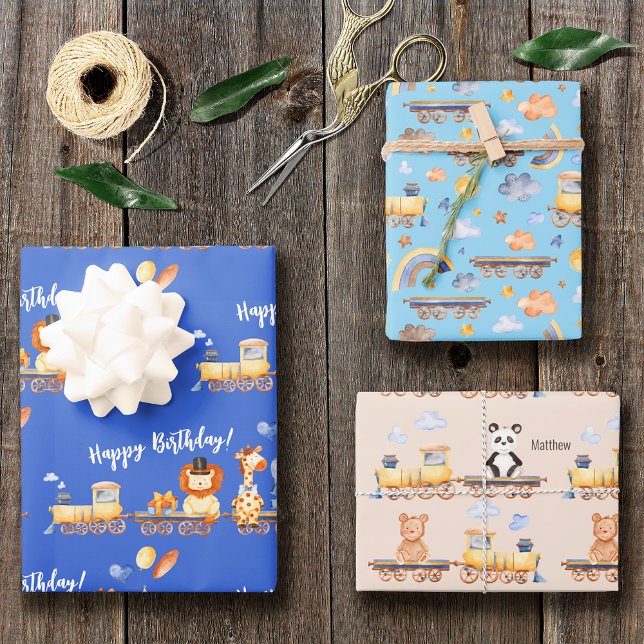 Feuille De Papier Cadeau Animaux de fête en train Kid Jungle Joyeux anniver (Créateur téléchargé)